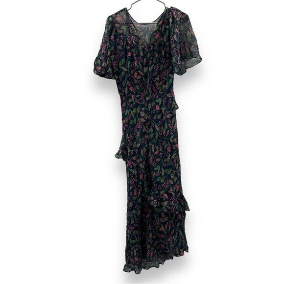 RTR Saloni Vida Ruffled Silk Georgette Asymmetric Hem Floral Midi Dress Sz 6 - Picture 6 of 13